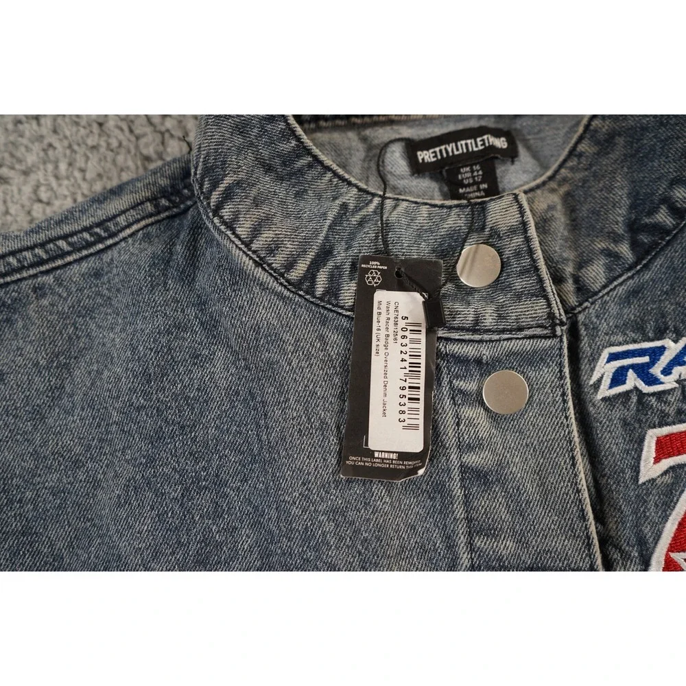 Pretty Little Thing Denim Jacket Womens 12 Blue Distressed Racing Button Up Logo